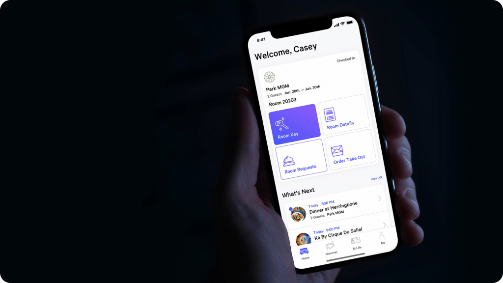 The MGM Resorts app home page with an active room reservation.