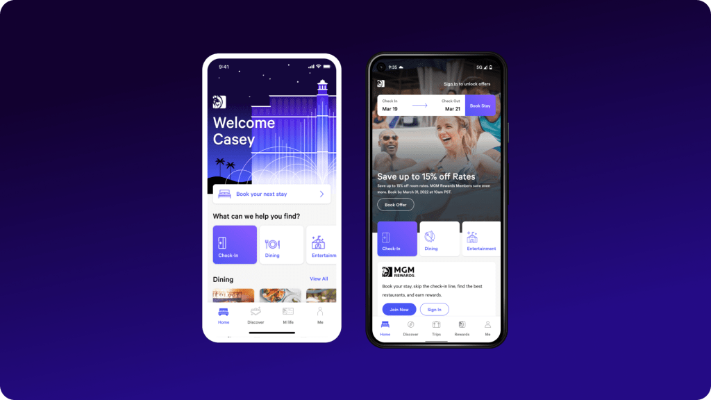 The MGM Resorts app home page.