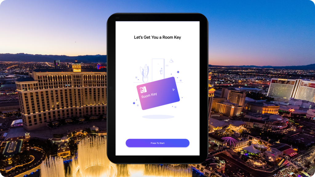 The start screen of the app with an image of Las Vegas behind it.
